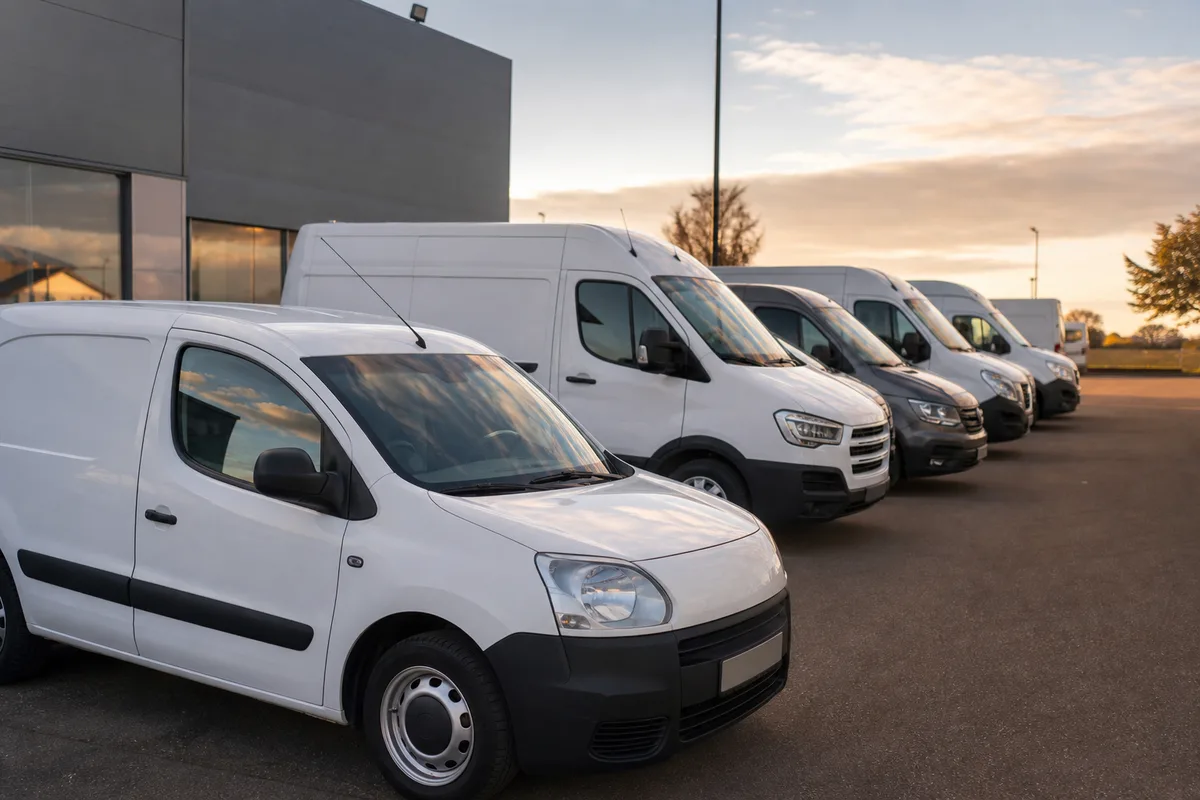 Rangée de fourgons utilitaires d’occasion alignés chez un distributeur