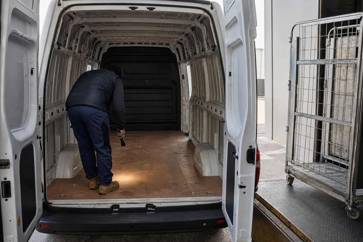 Inspection du compartiment de charge d’un fourgon utilitaire d’occasion