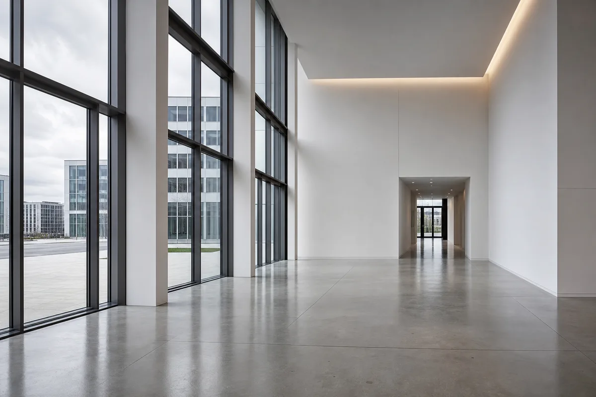Allée de garage en béton brut, vide, devant un mur crépi clair, lumière de fin de journée