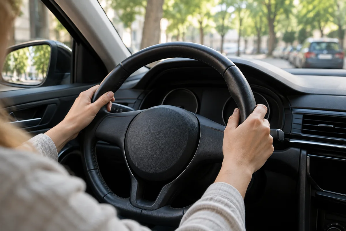 Mains posées sur le volant gainé de cuir noir d’une voiture à l’arrêt, rue arborée floue derrière le pare-brise