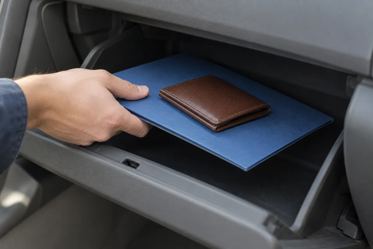 Main glissant une pochette cartonnée bleue et un étui en cuir dans la boîte à gants ouverte d’une voiture