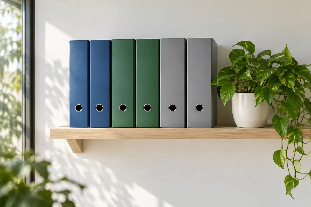 Étagère en bois clair garnie de classeurs fermés aux dos unis bleu, vert et gris, à côté d&rsquo;une plante verte en pot
