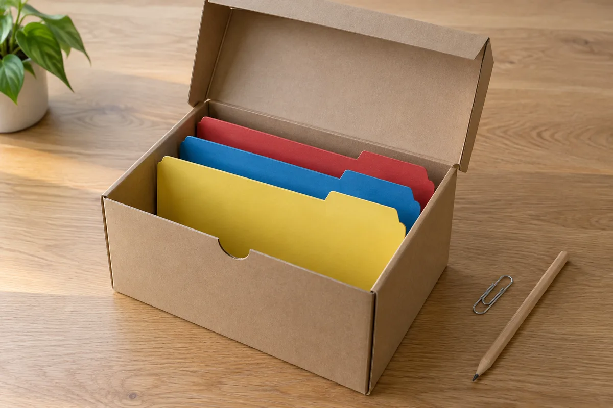 Boîte à archives en carton kraft ouverte sur une table en chêne, intercalaires de couleurs unies rangés debout