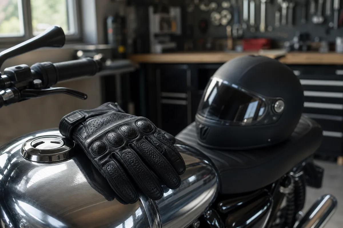 Gant de moto posé sur le réservoir à côté d’un casque, lumière du matin dans un garage