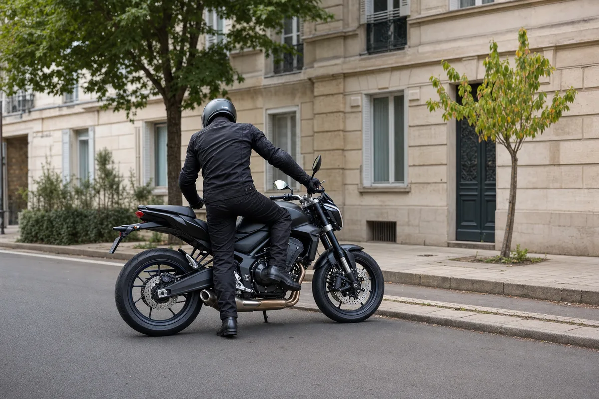 Motard de dos enfourchant sa moto garée dans une rue résidentielle calme