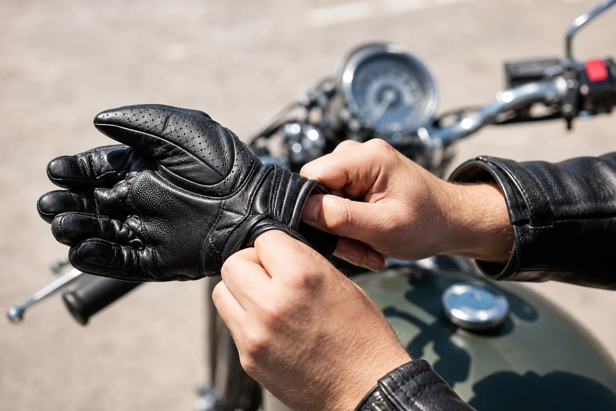 Mains ajustant des gants de moto avant de démarrer, cadrage serré sur le guidon