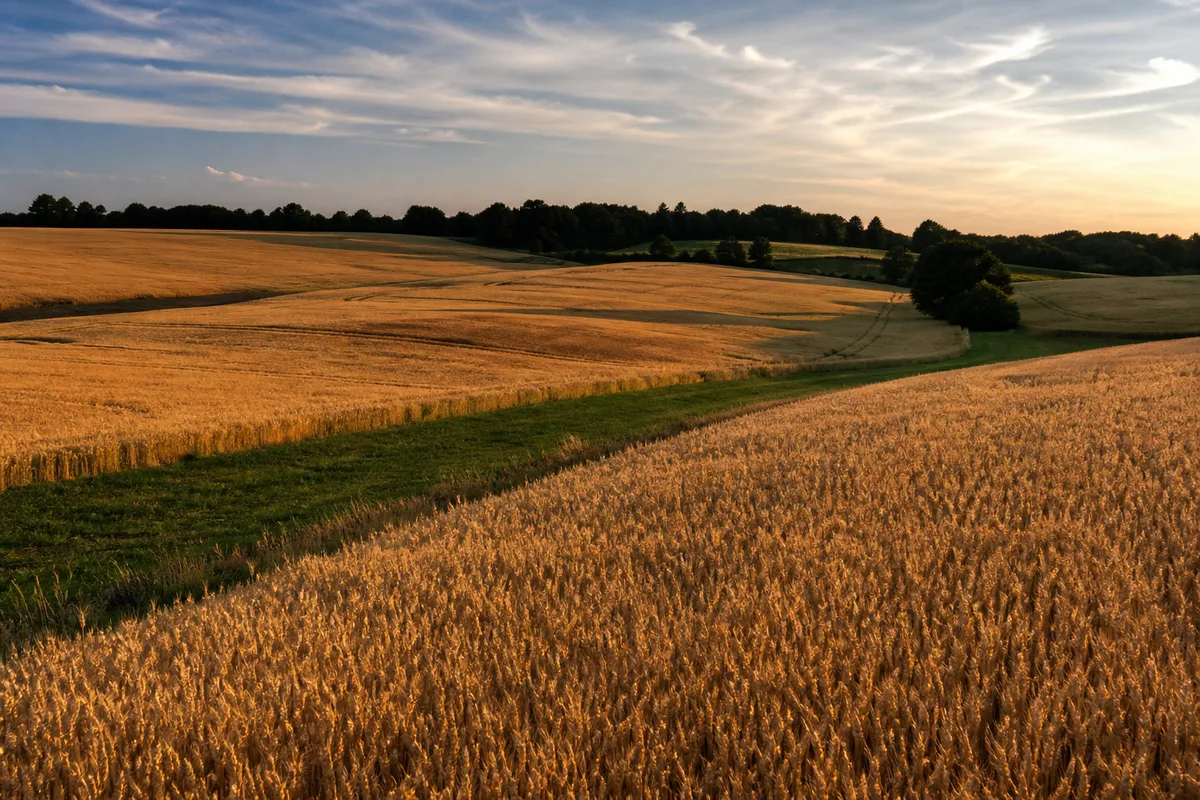 Plateau agricole vallonné aux parcelles de blé mûr sous une lumière rasante de fin de journée