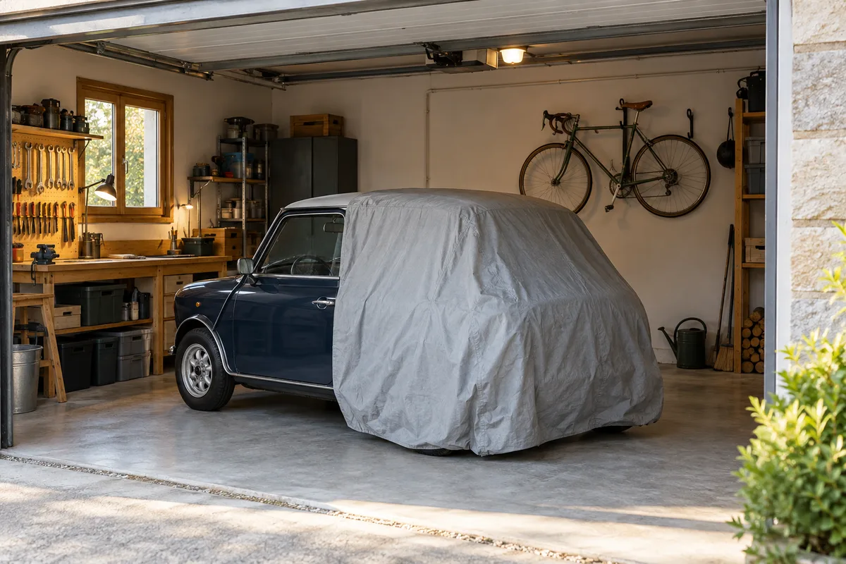 Citadine bleu marine à moitié couverte d’une housse grise dans le garage ouvert d’une maison familiale