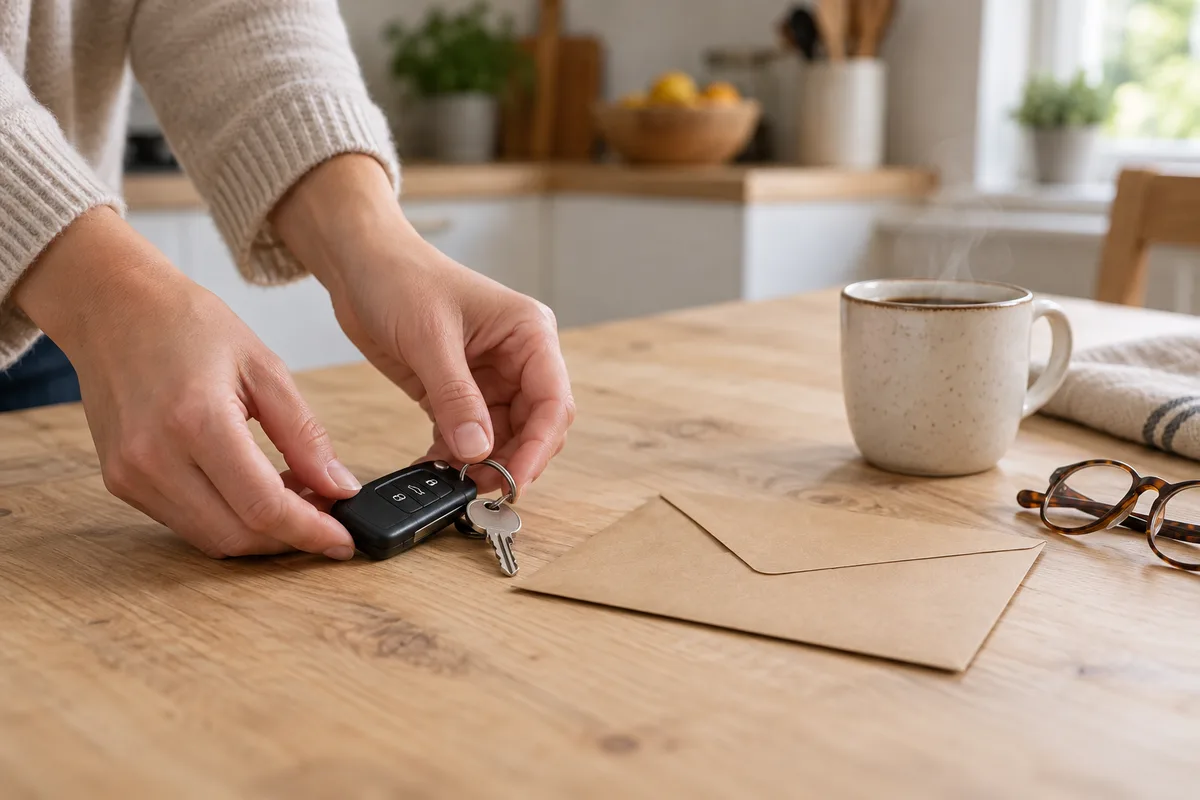 Mains posant un trousseau de clés de voiture sur une table de cuisine en bois près d’une enveloppe kraft fermée