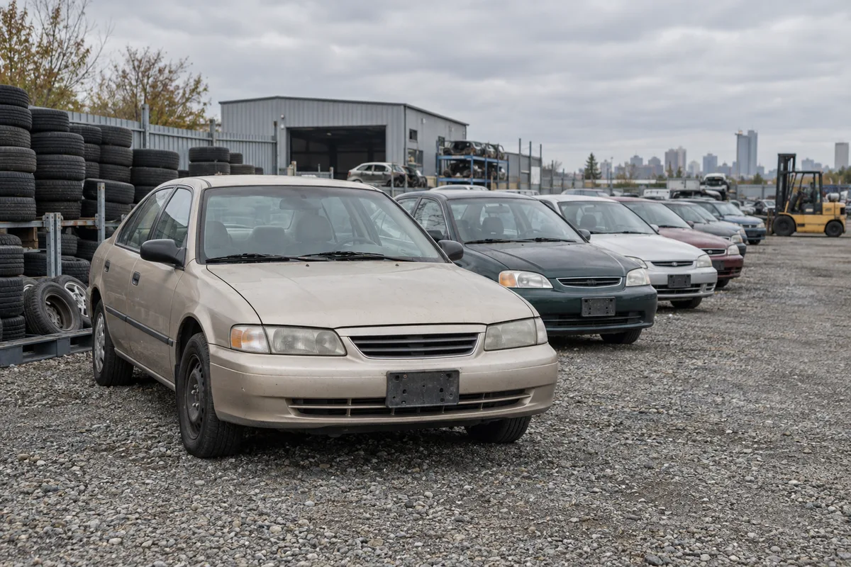 Rangée de voitures anciennes sans plaques alignées dans la cour d’un centre de recyclage automobile sous un ciel gris