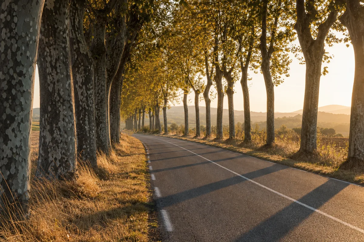 Route de campagne sinueuse bordée de platanes sous une lumière de fin d’après-midi