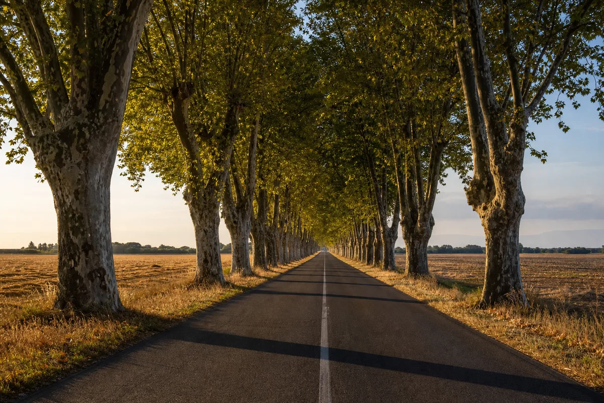 Route départementale rectiligne bordée de platanes en fin d’après-midi, chaussée déserte