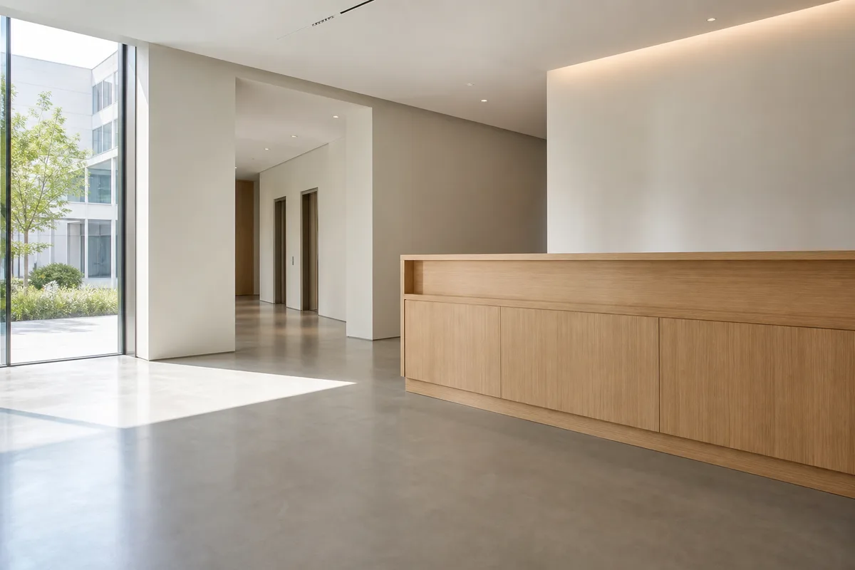 Hall d’accueil vide aux murs clairs, banque en chêne et sol en résine grise traversés par la lumière du jour