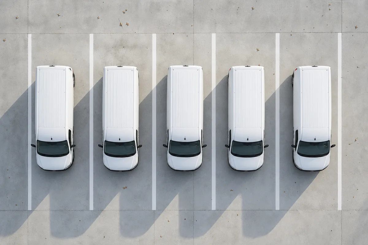 Vue aérienne verticale d&rsquo;un parking d&rsquo;entreprise avec des fourgonnettes blanches alignées