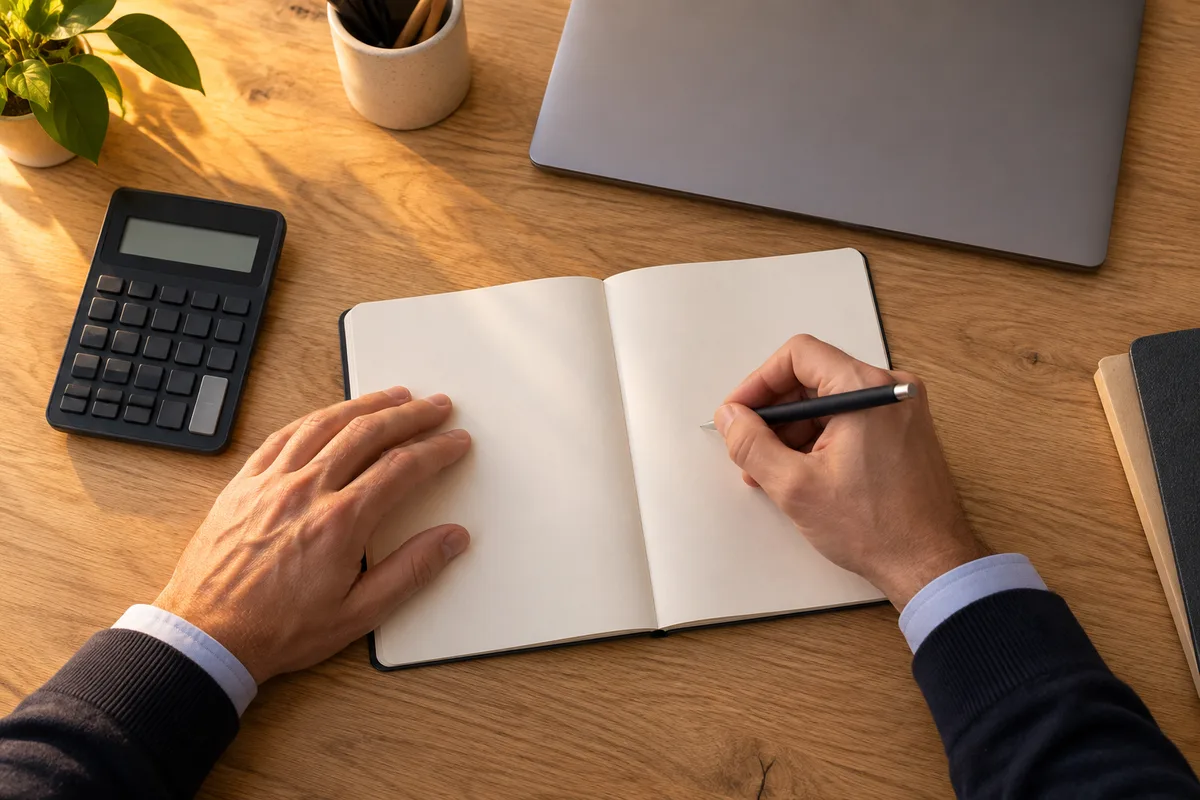 Mains d’un gestionnaire annotant un carnet à côté d’une calculatrice sur un bureau