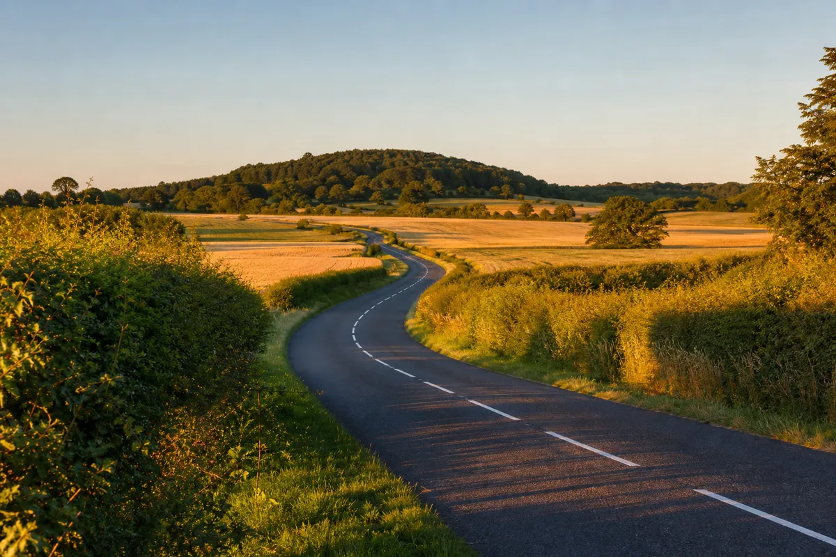 Route de campagne bordée de haies filant vers une colline sous un ciel dégagé
