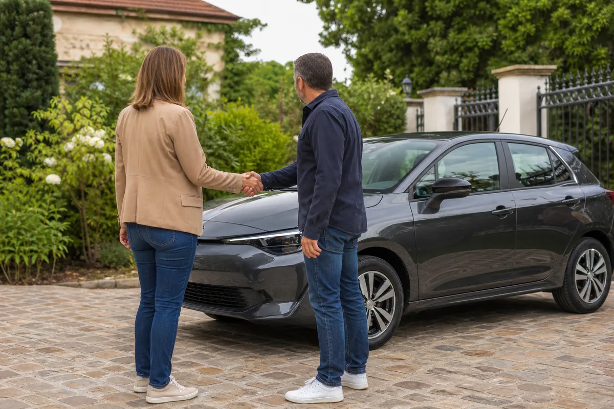 Poignée de main entre deux personnes devant une voiture d’occasion dans une cour résidentielle