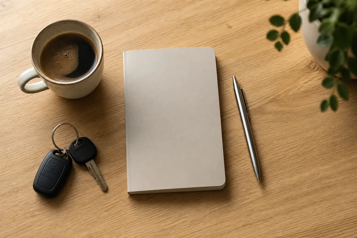 Carnet, stylo et clés de voiture posés sur une table en bois avant une démarche administrative