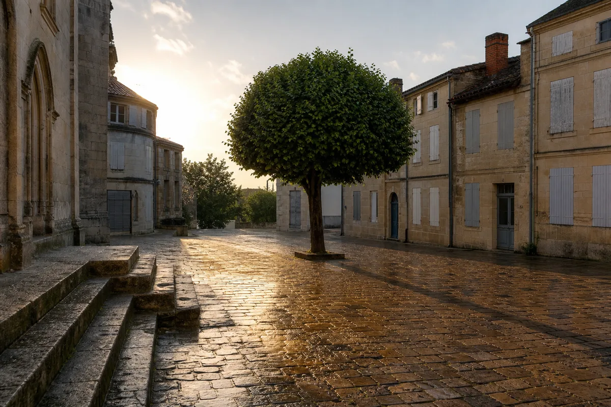 Place de village française déserte au petit matin, pavés humides et façades de pierre claire