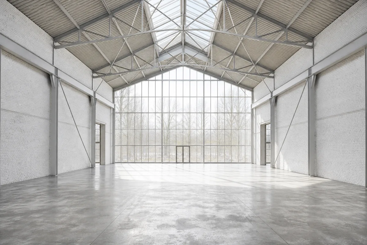 Grande verrière d’atelier vue de l’intérieur, structure métallique peinte et sol de béton brut baigné de lumière matinale