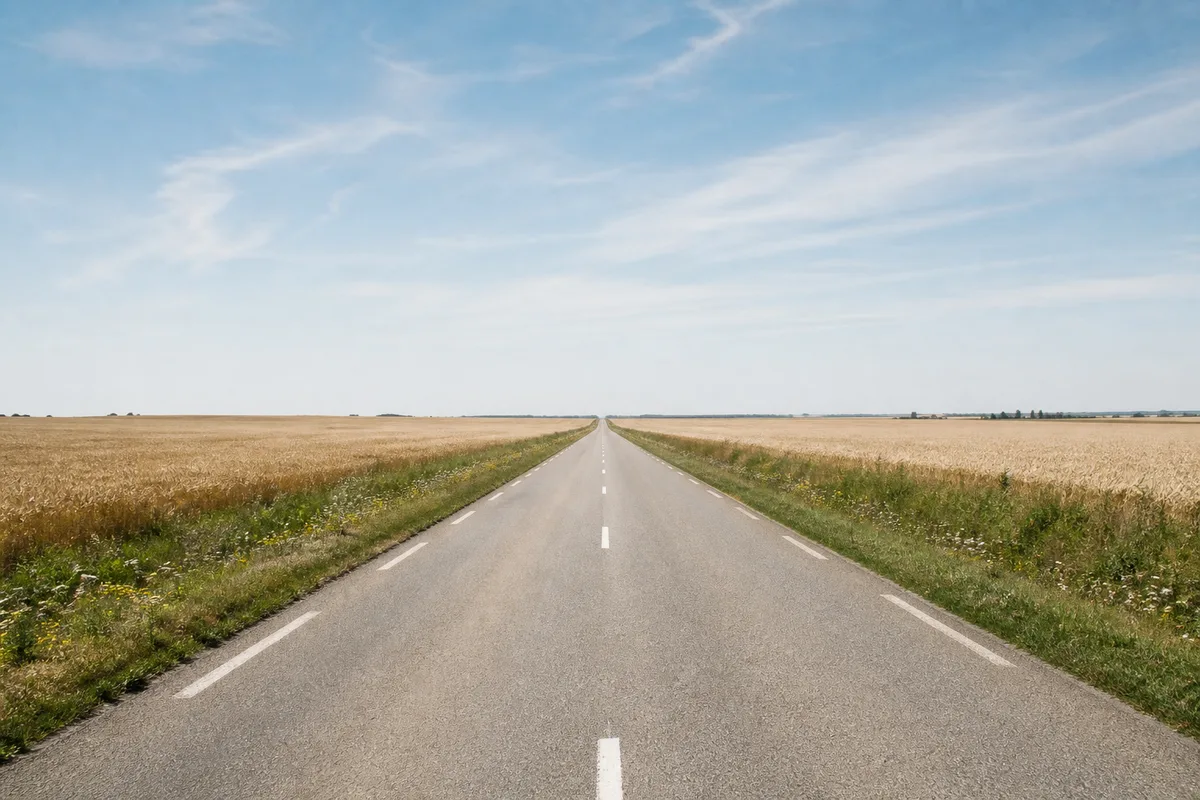 Route départementale déserte traversant un plateau de champs en été, horizon bas et ciel pâle