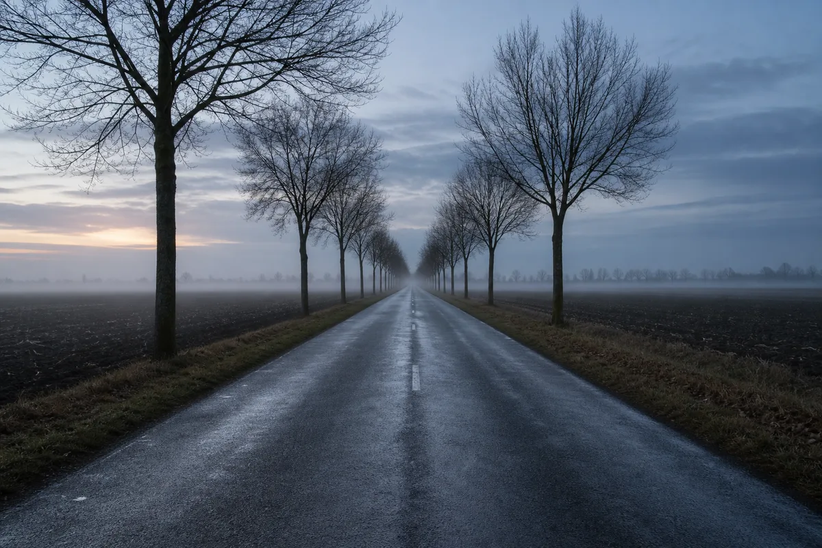 Route départementale rectiligne à l’aube bordée d’arbres nus, brume basse sur le bitume humide