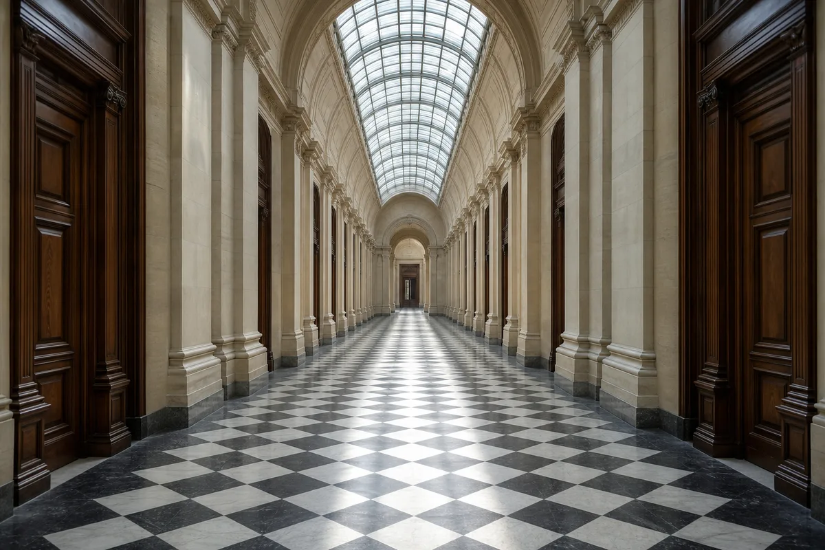 Couloir intérieur de palais de justice ancien, colonnes de pierre claire et sol en damier de marbre