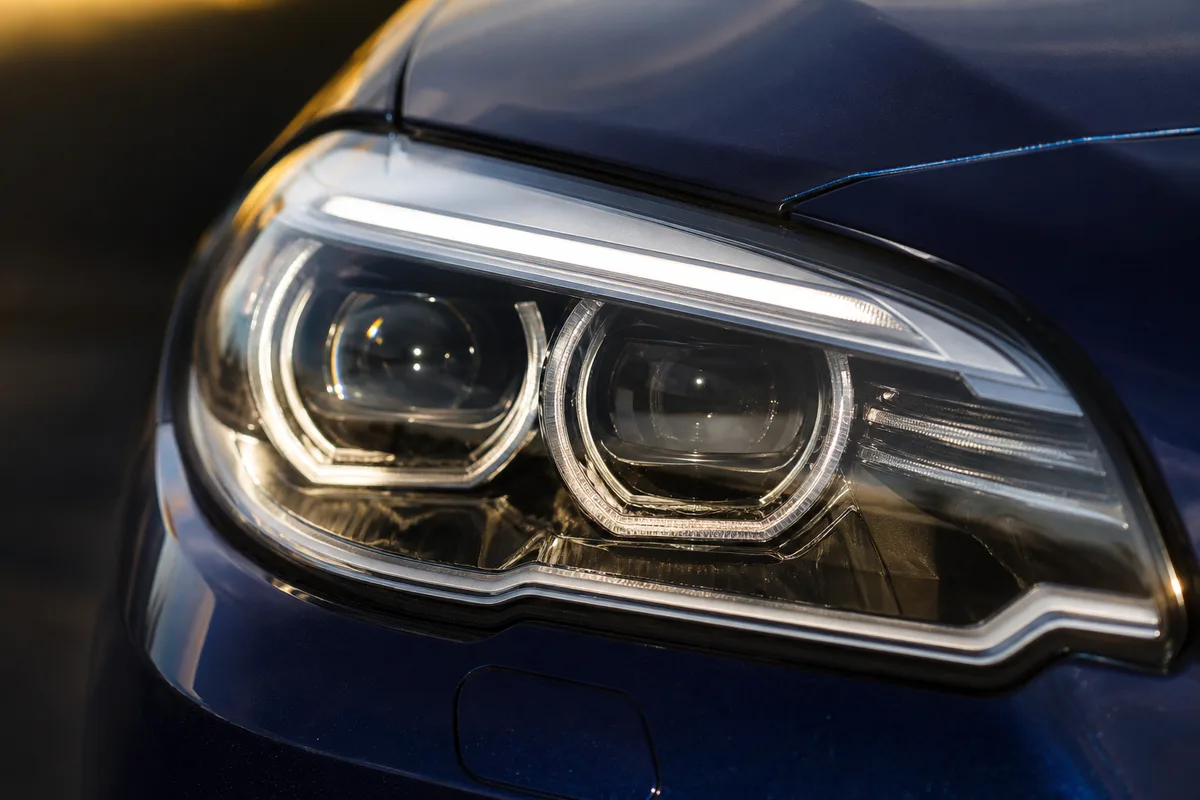 Gros plan trois-quarts sur le bloc optique avant et son réflecteur, carrosserie bleu nuit