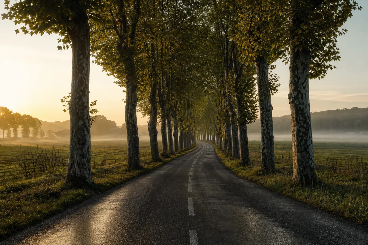 Route départementale bordée d’arbres au petit matin, chaussée humide et brume basse
