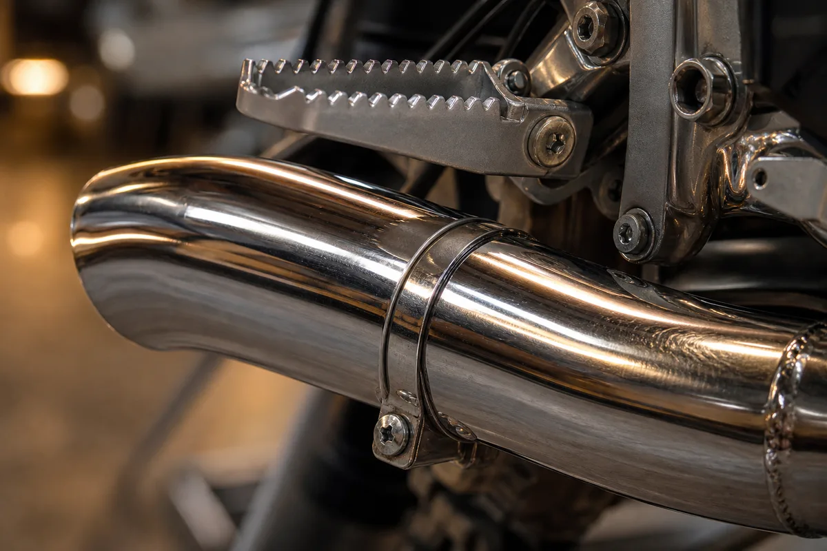 Ligne d&rsquo;échappement chromée et repose-pied d&rsquo;un deux-roues, vue rapprochée en atelier