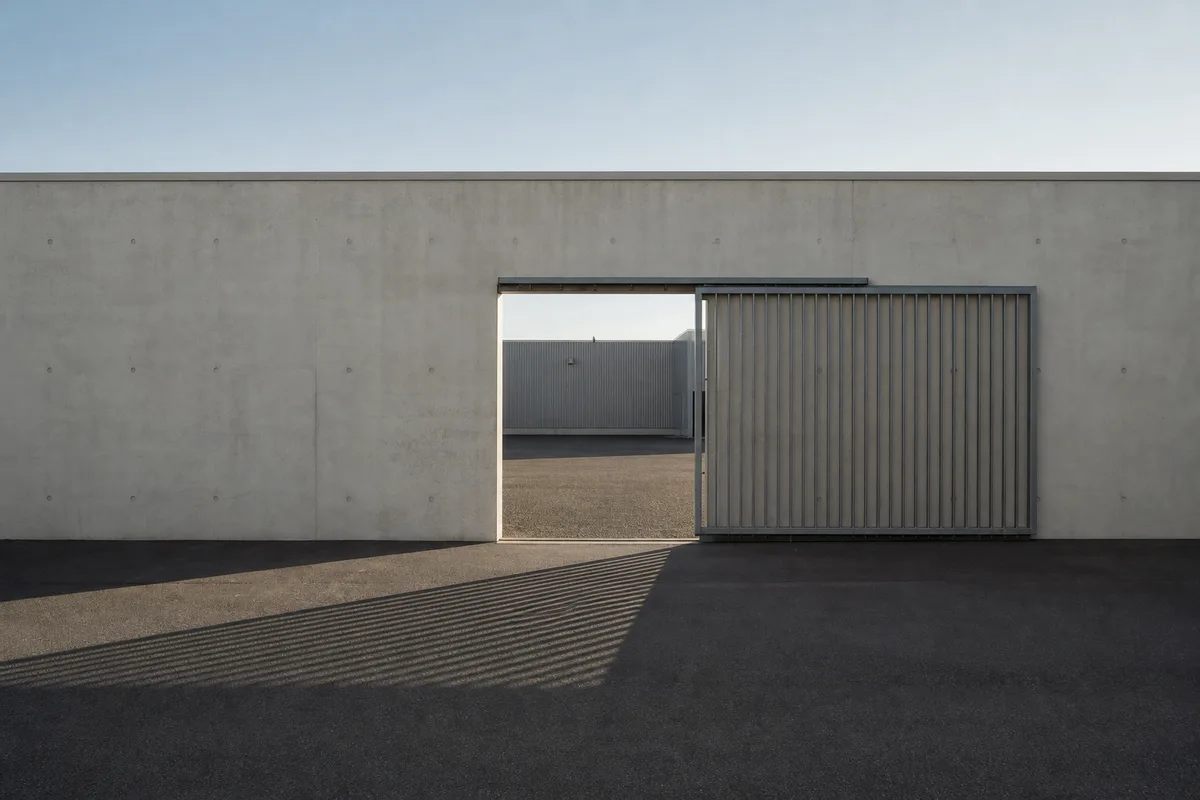 Cour goudronnée vide devant un bâtiment bas en béton clair au portail métallique ouvert