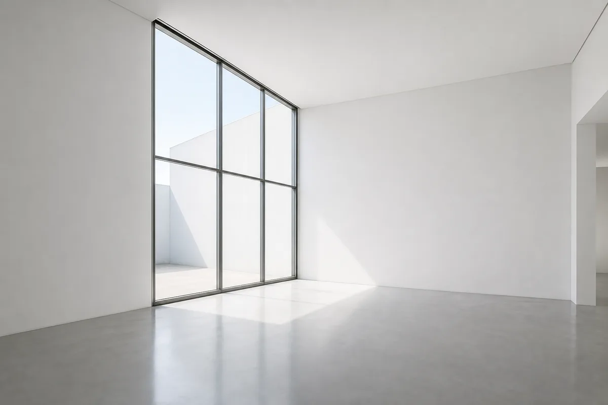 Hall d’accueil vide aux murs blancs, sol en résine grise et large baie vitrée lumineuse