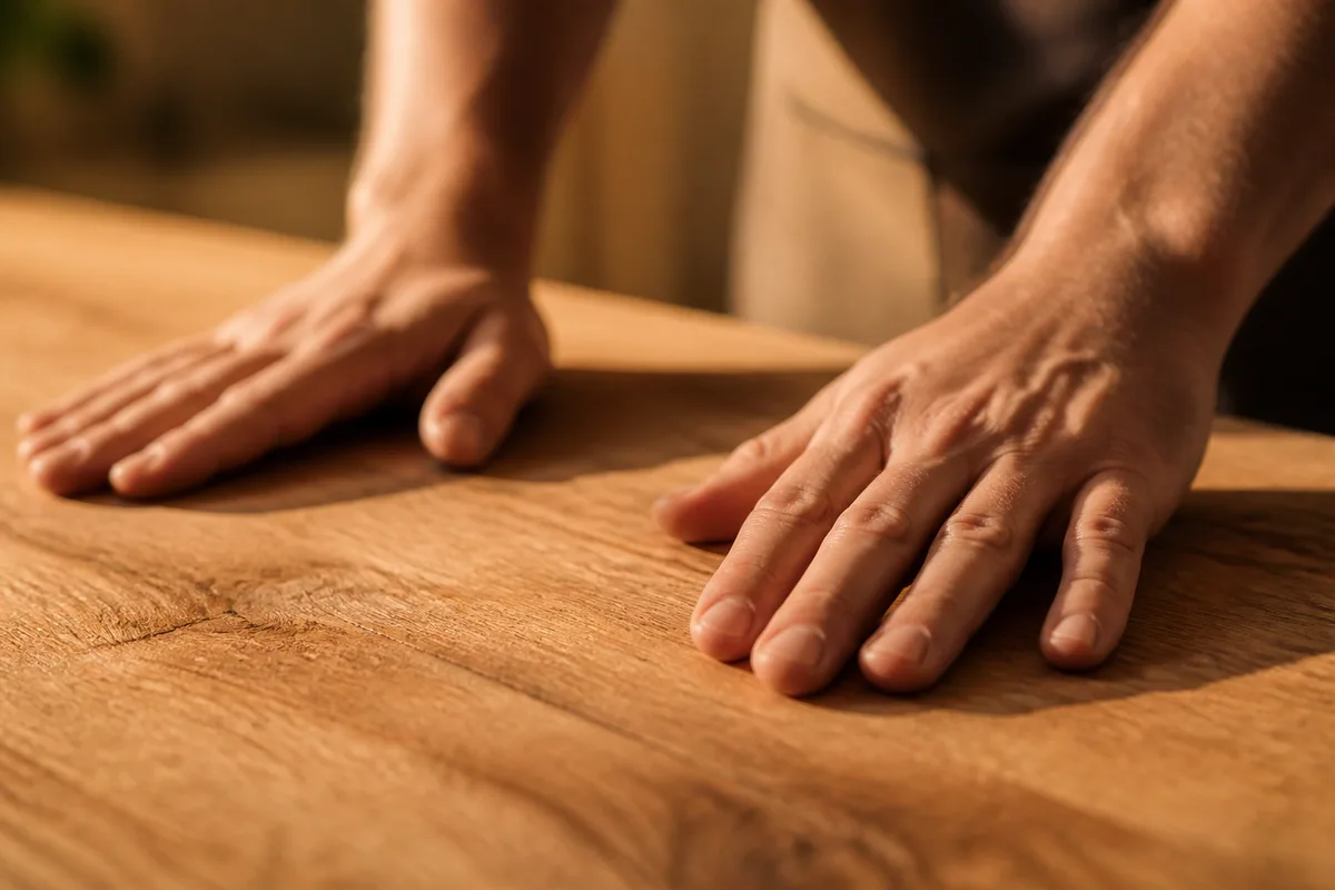 Mains d’adulte posées à plat sur un plan de travail en chêne massif, lumière latérale douce