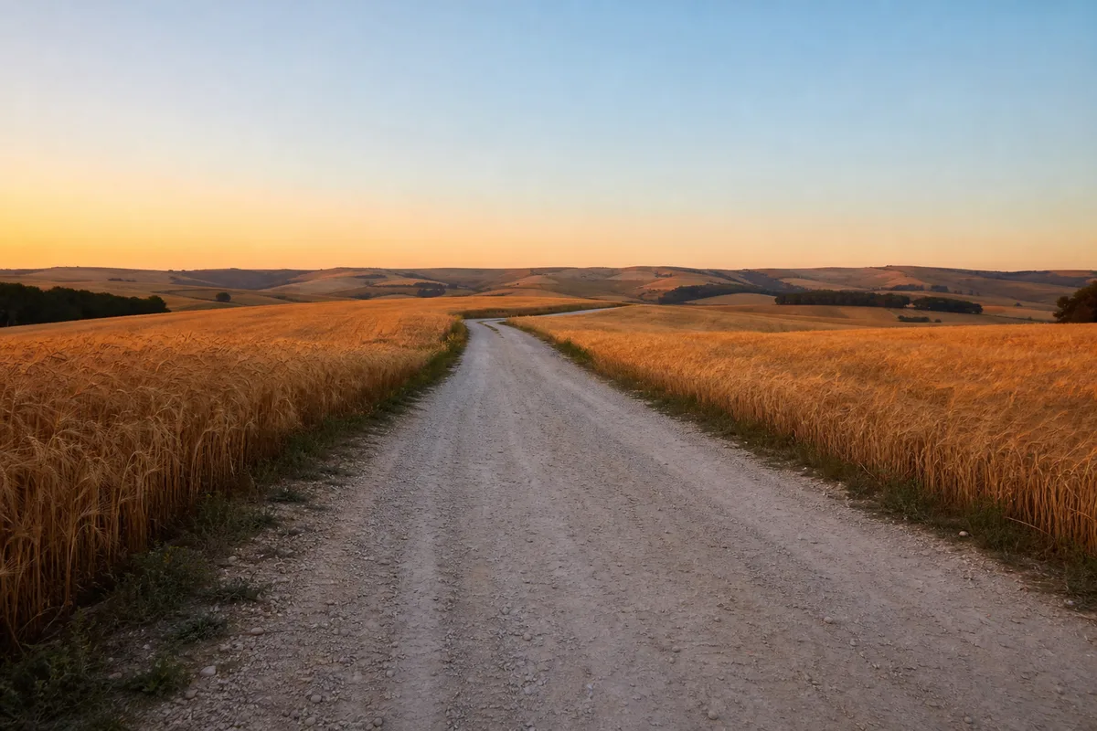 Chemin de campagne en gravier clair serpentant entre deux champs de blé mûr sous une lumière chaude de fin de journée