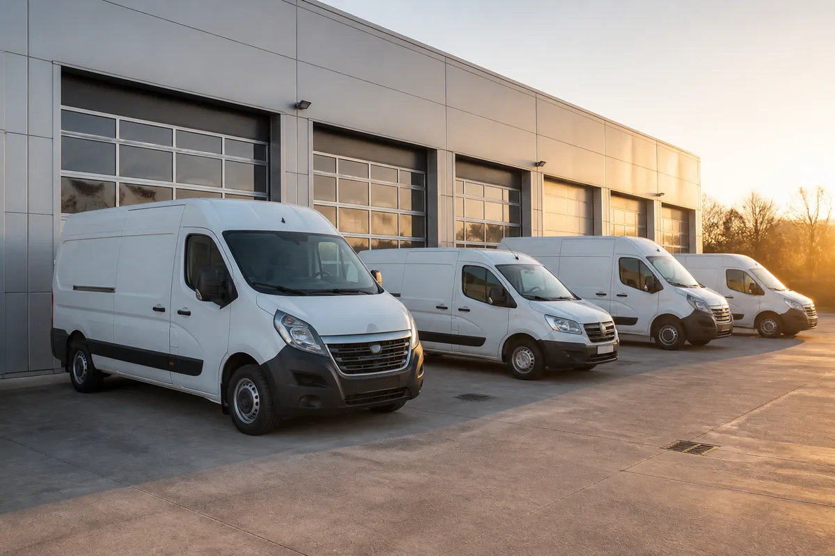 Rangée de véhicules utilitaires stationnés devant un local d’entreprise