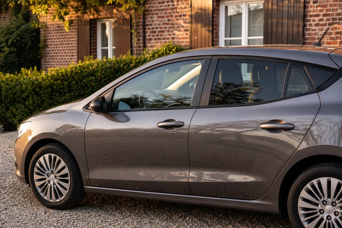 Voiture récemment importée stationnée devant une maison en France