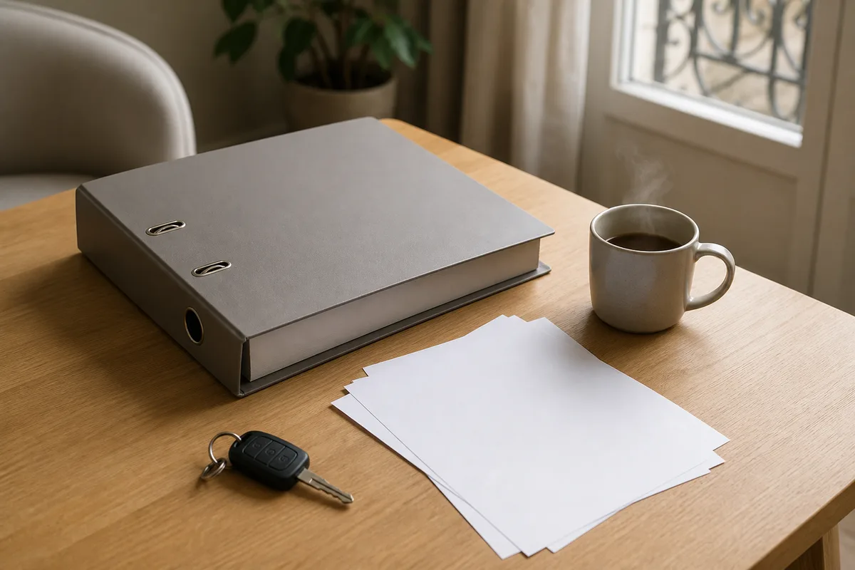Bureau à domicile avec calculatrice, classeur de factures et clés de voiture posées sur des documents administratifs