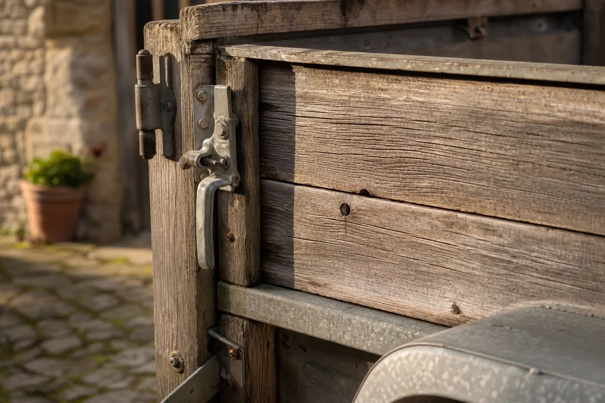 Montant latéral en bois d’une remorque à ridelles avec charnière et loquet métalliques