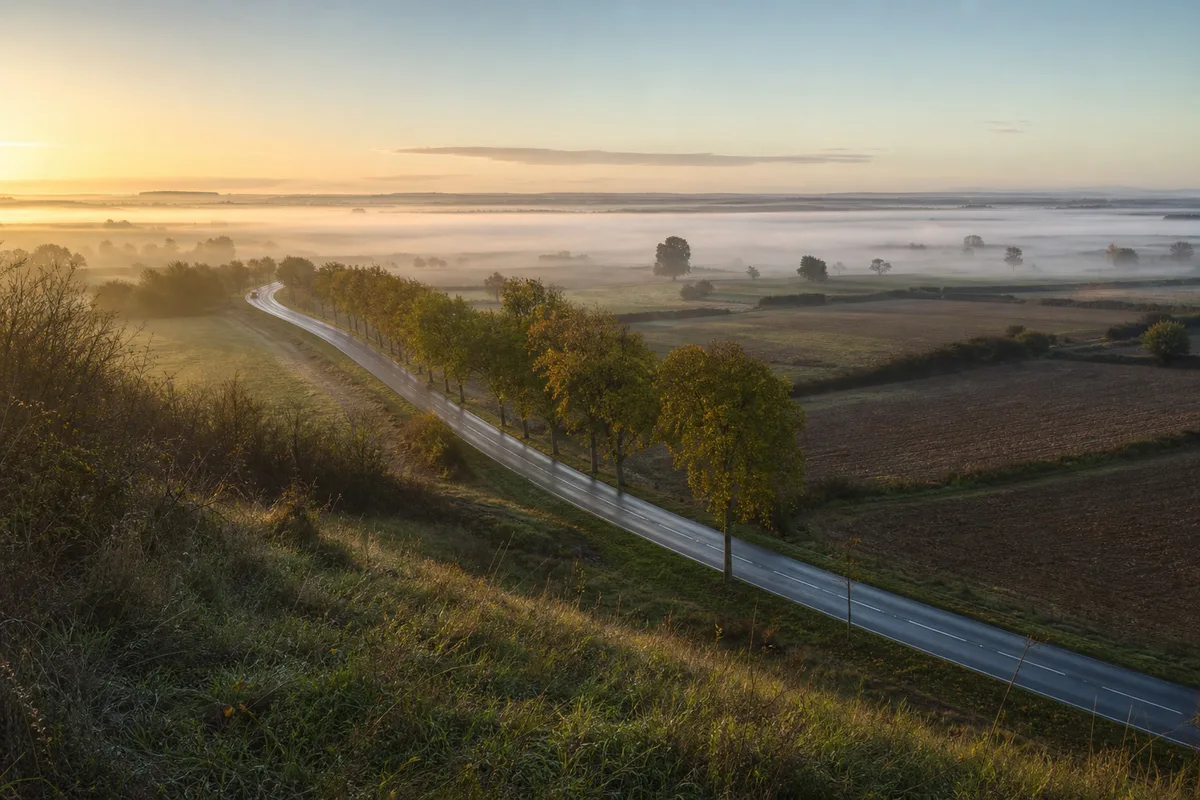 Route départementale bordée d’arbres traversant un plateau agricole à l’aube sous une brume basse