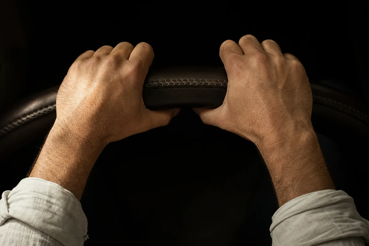 Mains posées sur la partie haute d’un volant gainé de cuir, vue de dessus en lumière rasante