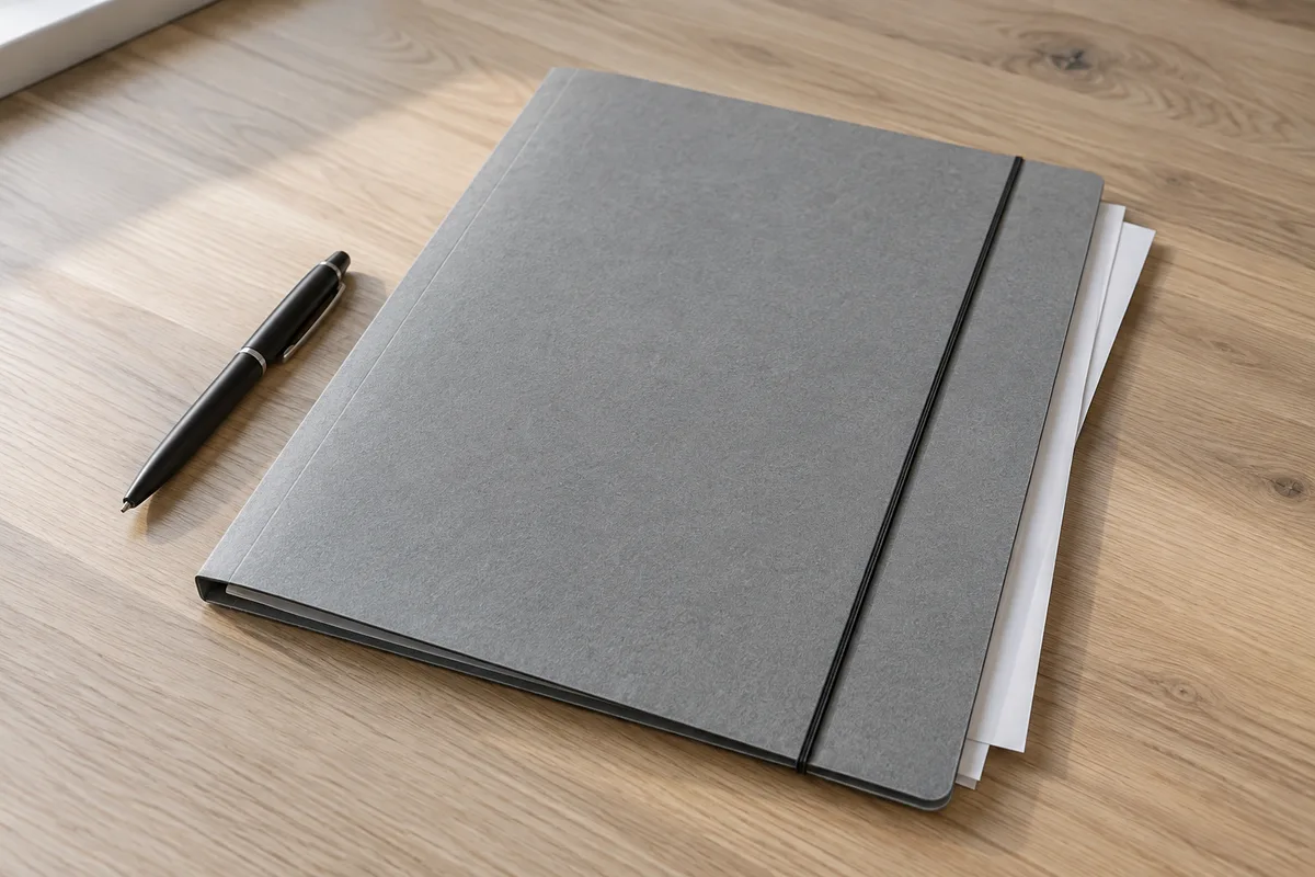 Chemise cartonnée grise fermée et stylo noir posés sur un bureau en bois clair