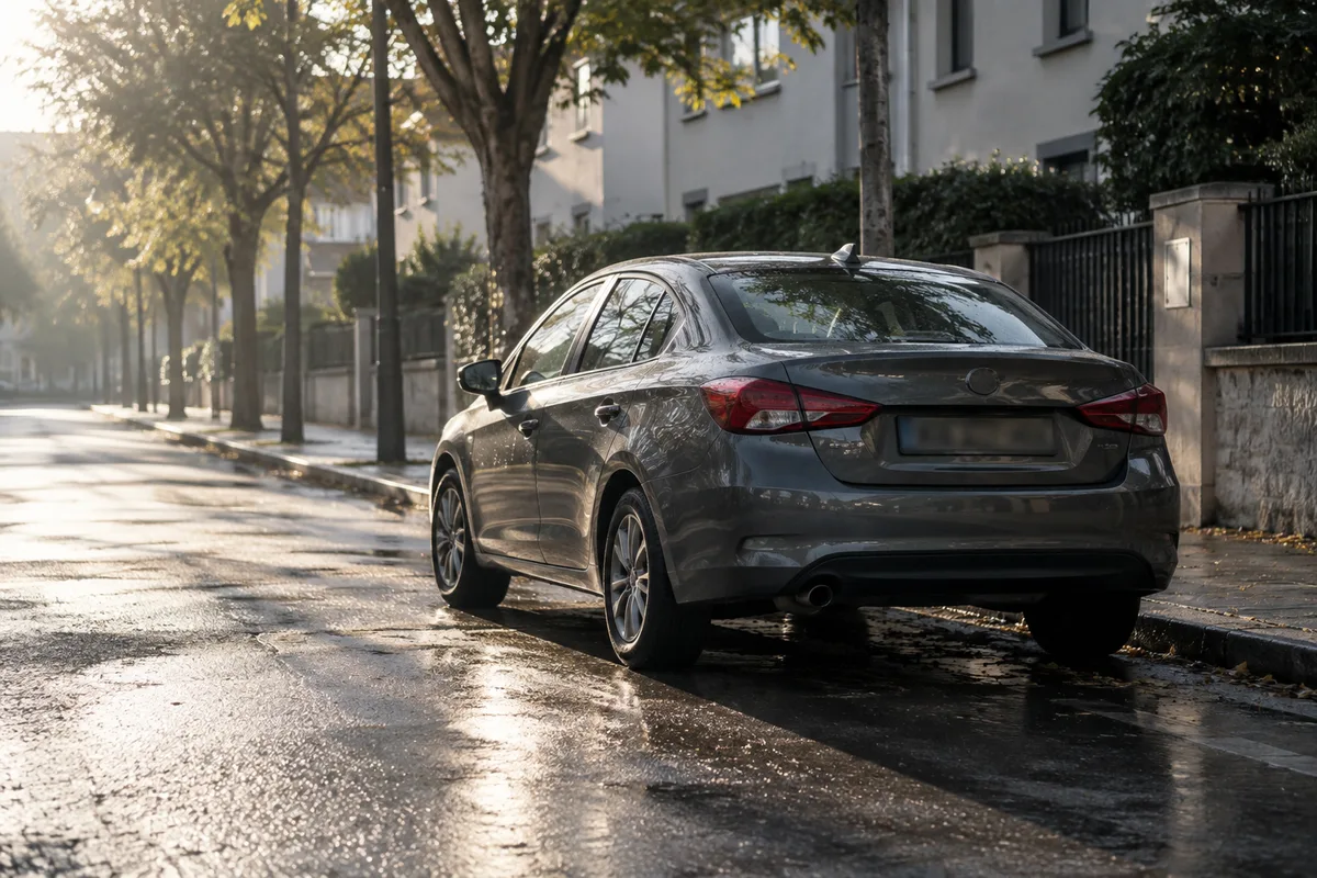 Voiture garée vue de trois quarts arrière dans une rue résidentielle calme au petit matin