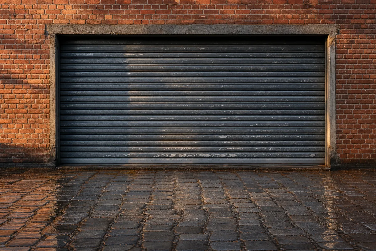 Rideau métallique baissé sur la façade en brique d’un atelier fermé, pavés humides au premier plan en fin de journée