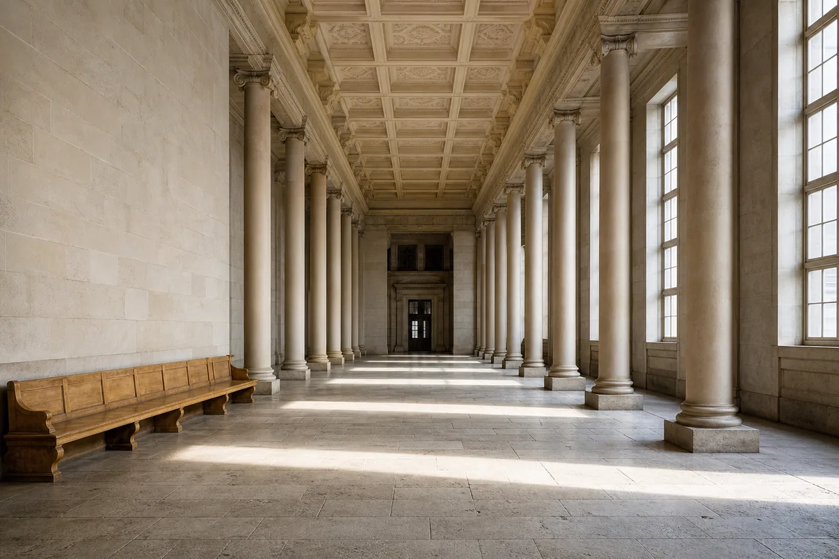Hall vide d’un bâtiment public, sol en pierre claire, colonnes et banc en bois désert sous une lumière traversante