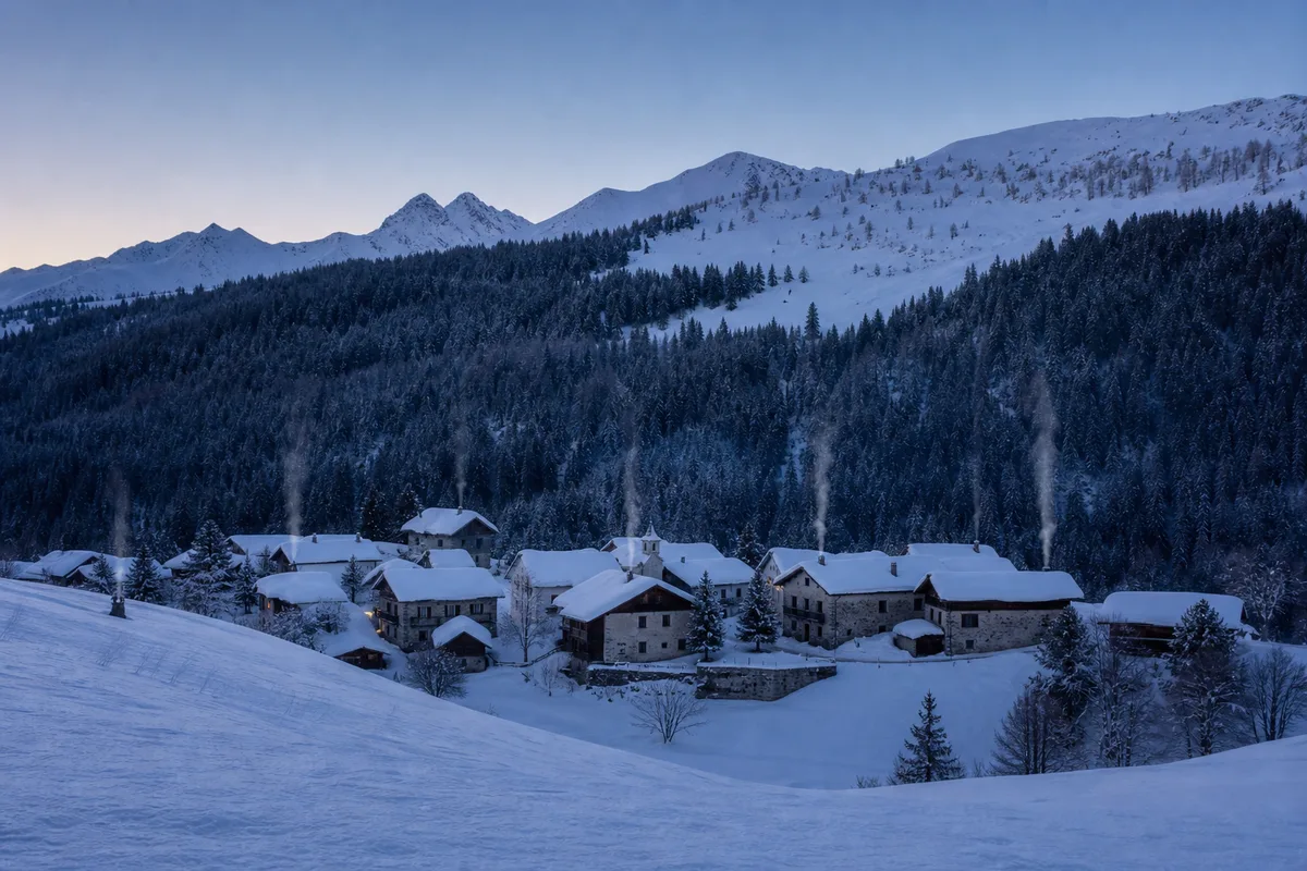 Hameau de montagne aux toits enneigés vu depuis le versant opposé au petit matin bleuté