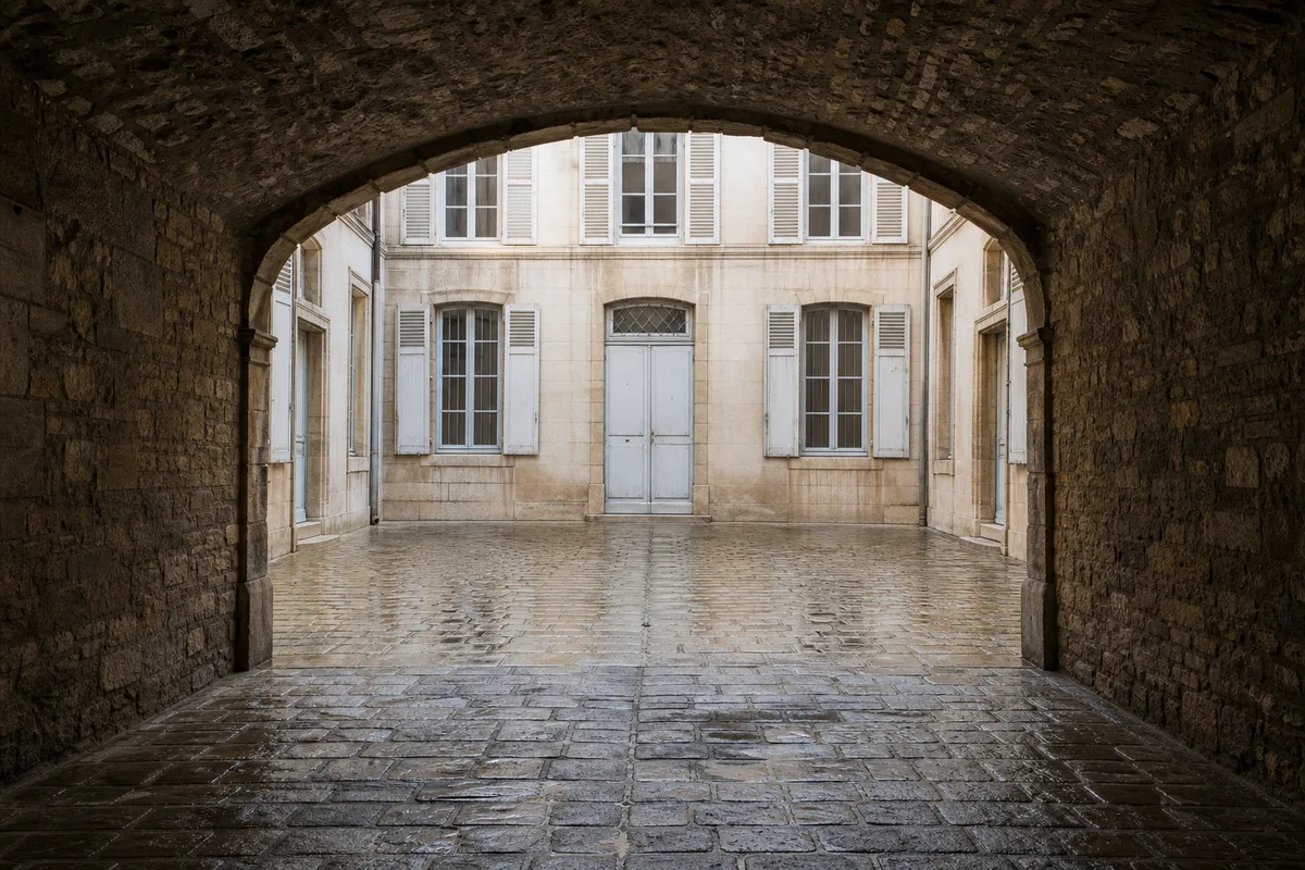 Cour pavée d’un immeuble ancien vue depuis le passage voûté en pierre, lumière du matin