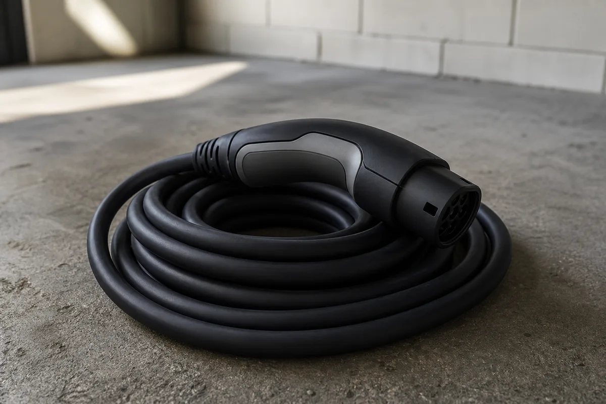 Câble de recharge noir enroulé sur le sol béton d’un garage résidentiel vide