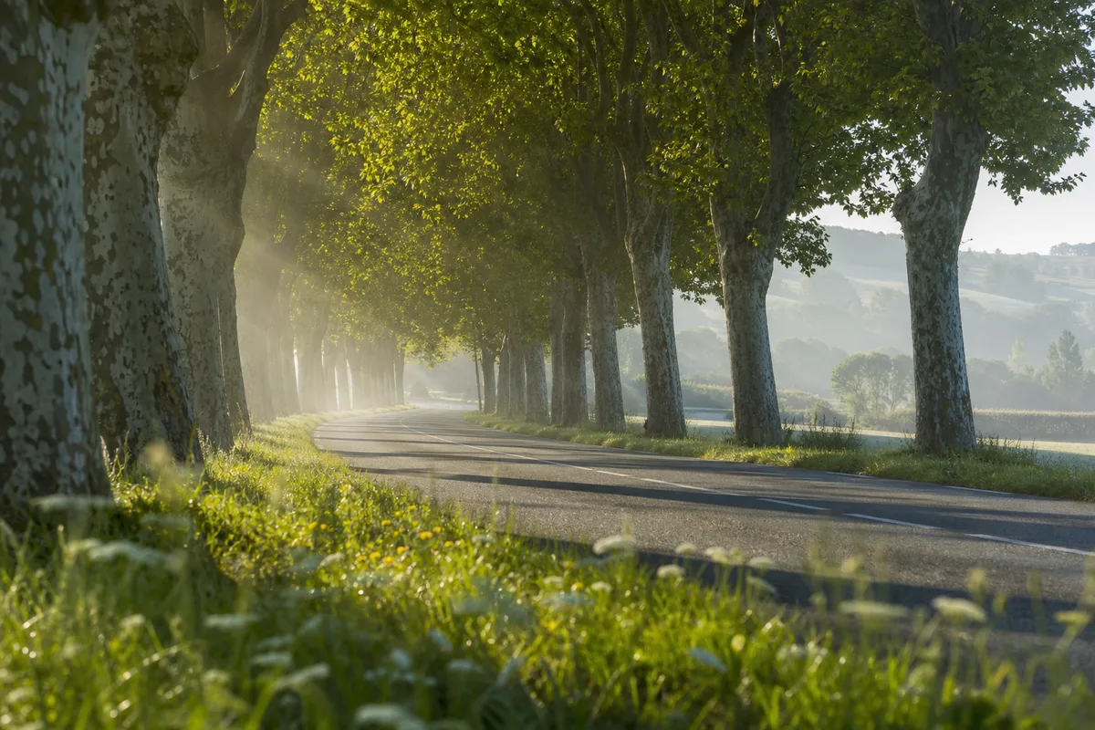 Route de campagne bordée d’arbres au petit matin, vue depuis le bas-côté