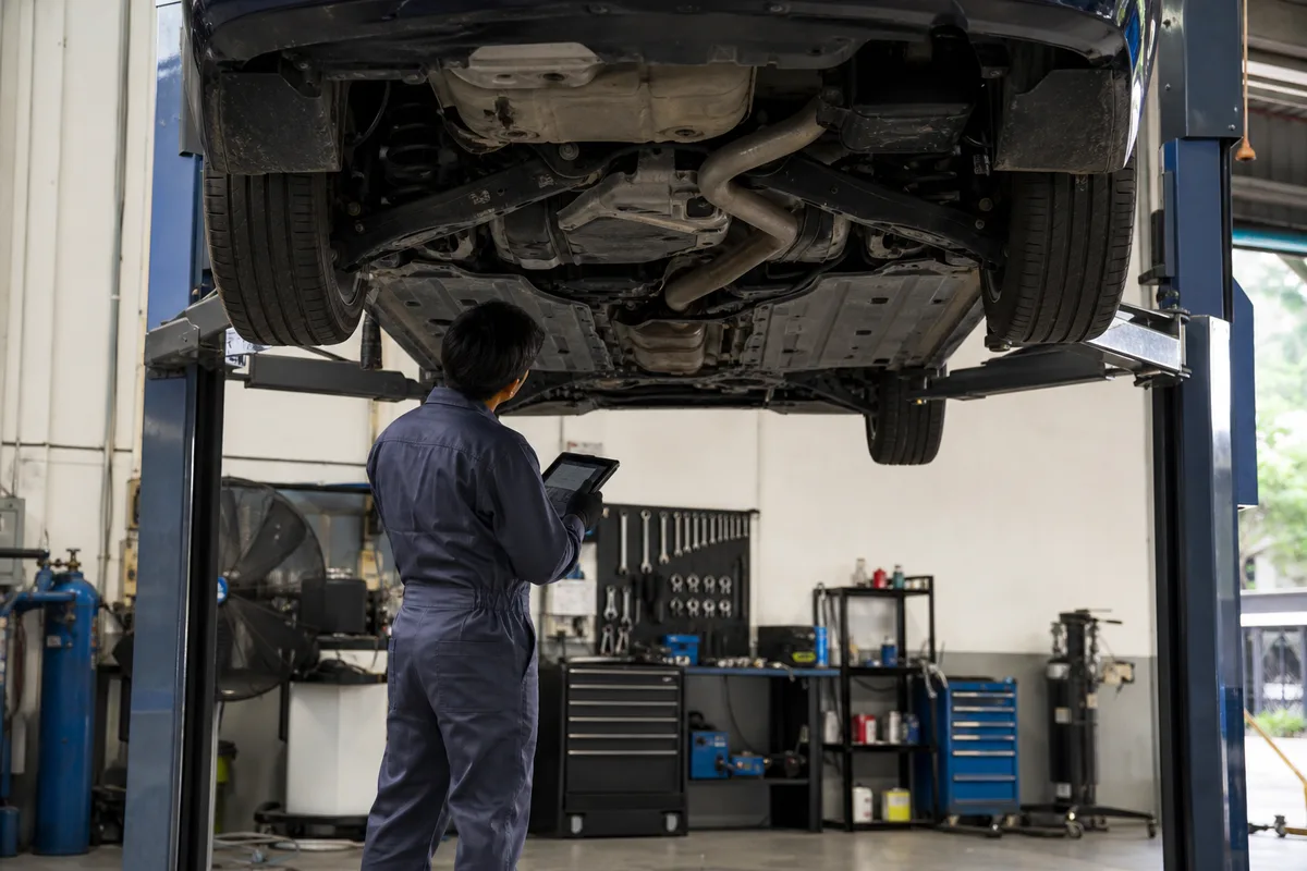 Mécanicien automobile diagnostiquant un véhicule sur pont élévateur