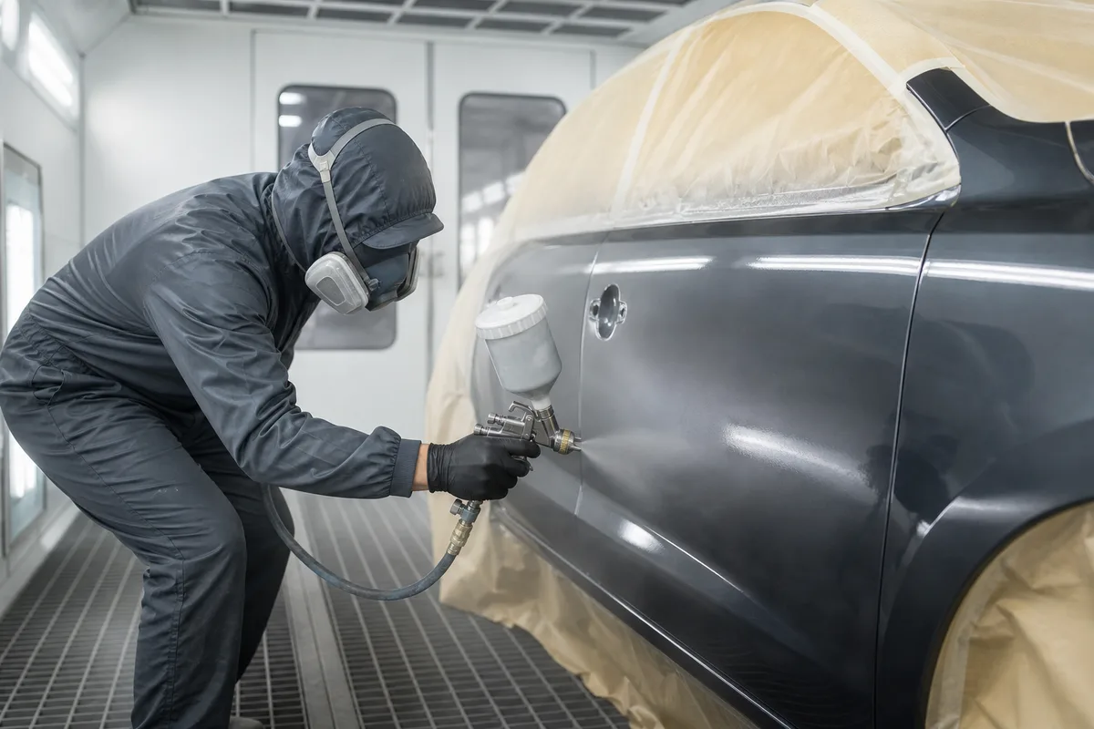 Carrossier peintre travaillant sur la carrosserie d’un véhicule